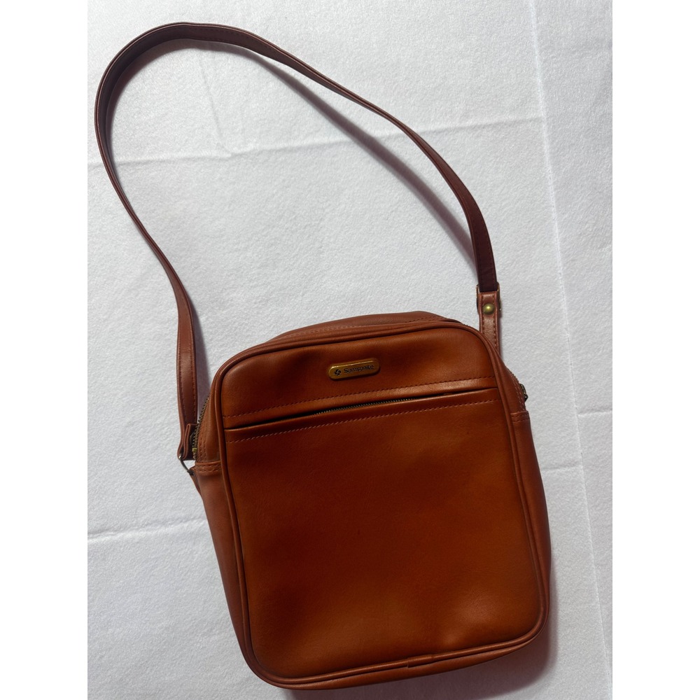 Vintage Samsonite Brown Faux Leather Crossbody Bag Square Travel Shoulder Bag